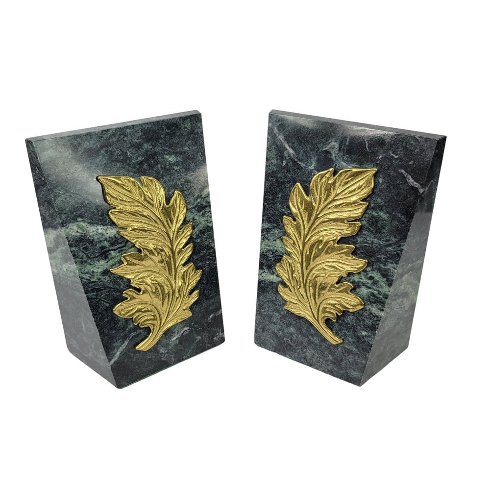 Vtg MCM Art Deco Decorative Crafts Inc Bookends Green Marble & Brass Leaf
